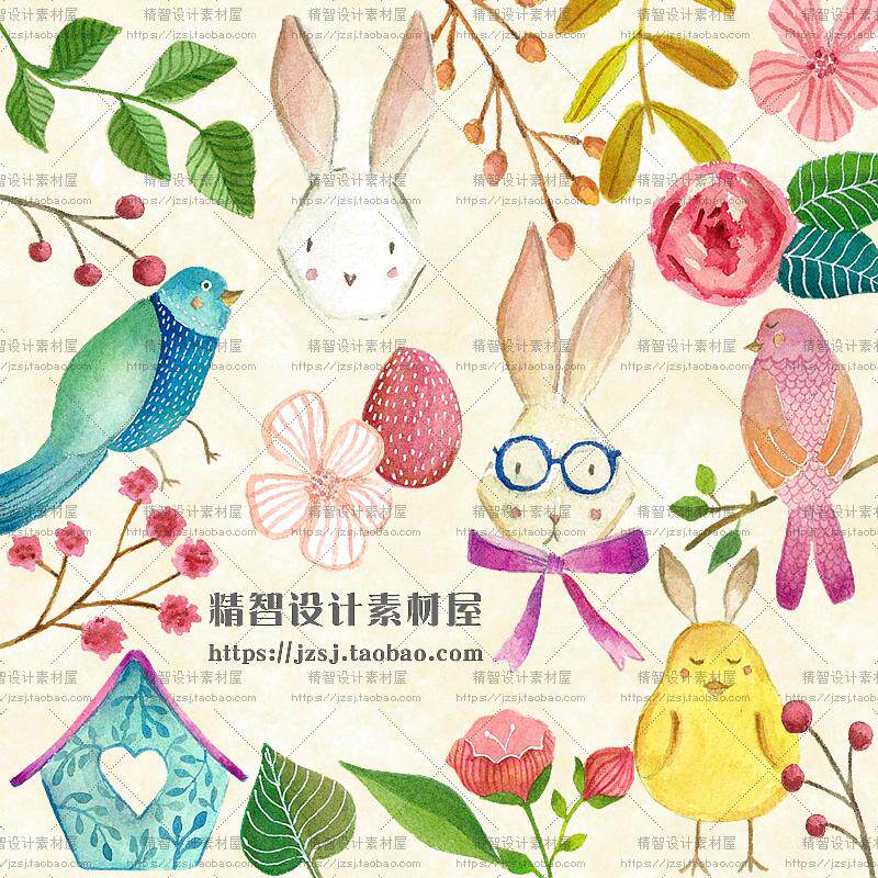 0010森系水彩手绘卡通复活节兔子花卉植物PNG边框元素PSD设计素材