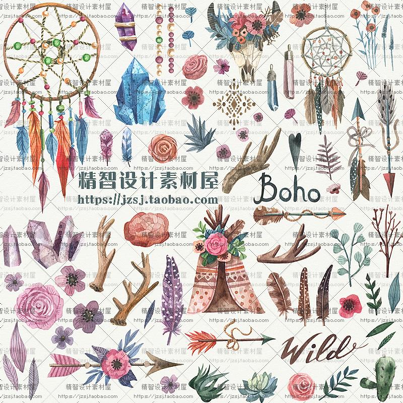 0014水彩手绘波西米亚BOHO捕梦网花绘植物装饰AI矢量PNG设计素材