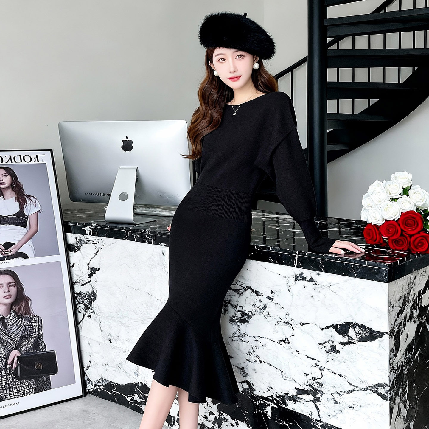 深圳南油新款针织长袖鱼尾裙时尚设计感纯色打底毛衣裙保暖女装
