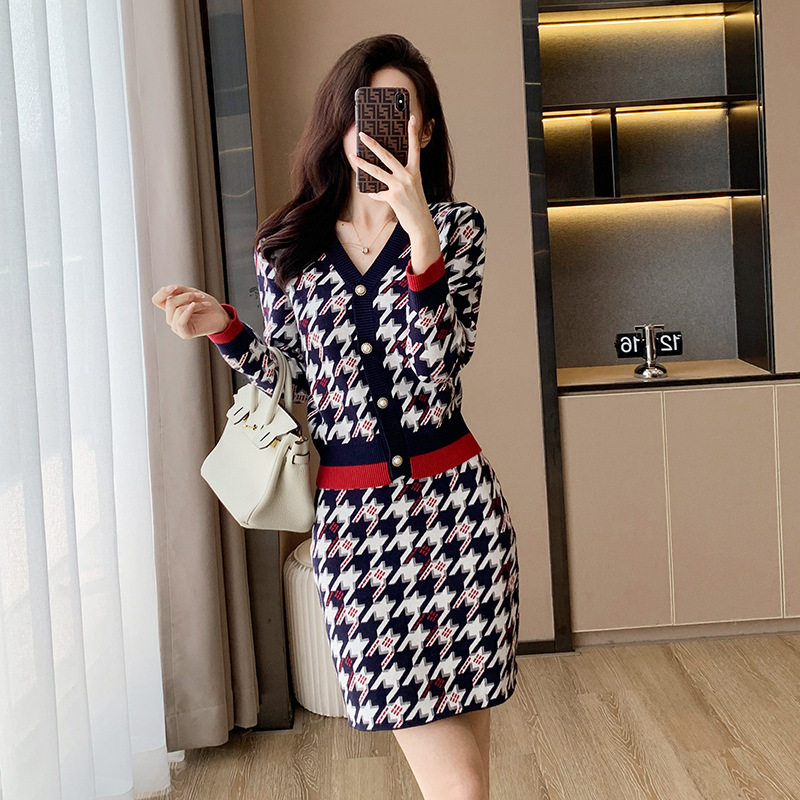 汐灿女装时尚休闲套装女针织开衫外套小香风短裙针织两件套装裙子