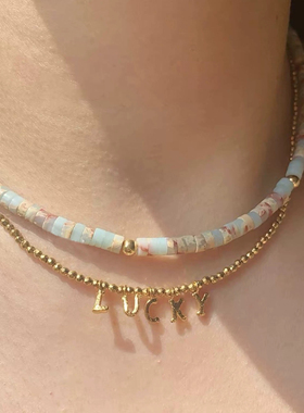 FELIX法国复古手工锤纹字母lucky小金豆镀24k金项链