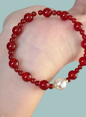 红玛瑙施家高亮珍珠秋冬手链 圣诞新年红色手串