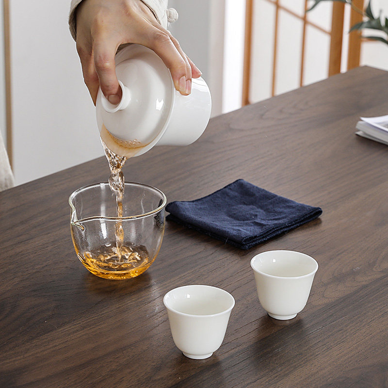 旅行茶具便携式羊脂玉套装家用陶瓷盖碗两杯玻璃茶海公道杯分茶器