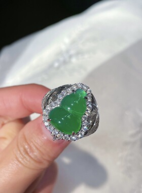 新中式轻奢天然高冰种阳绿玉髓葫芦戒指925银闪钻