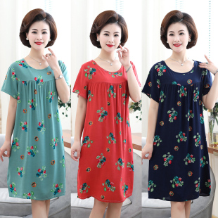 休闲妈妈装 中老年女装 连衣裙大码 短袖 睡裙中年女士印花睡衣裙 夏装