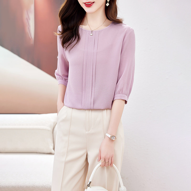 真丝桑蚕丝上衣女轻奢高级感小衫2026夏新款纯色宽松显瘦圆领衬衫图片