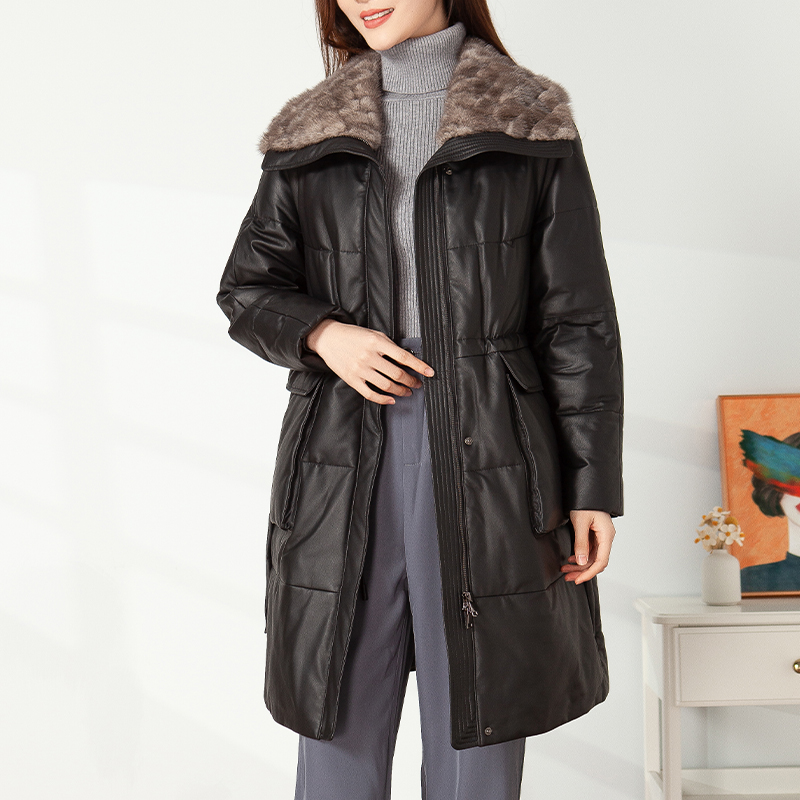 真皮羽绒服中长款水貂毛领皮草
