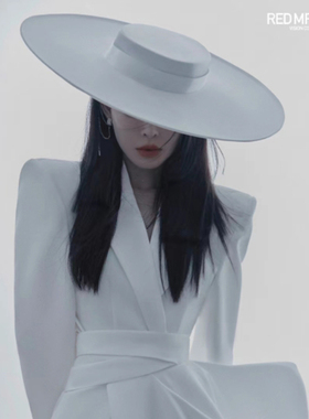 定制款 不退不换 白色大檐全羊毛礼帽平顶帽 舞台拍摄走秀婚纱帽