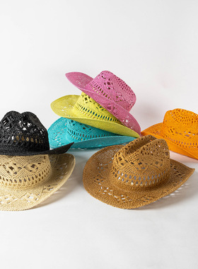 欧美风春夏季新款镂空编织纸草时尚休闲户外遮阳牛仔顶宽檐草帽