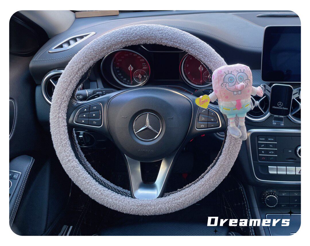 ins汽车把套灰色短绒海绵宝宝公仔可爱方向盘套时尚简单灰色短绒