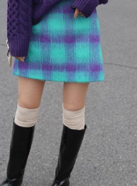 左方露量身定做复古蓝紫格马海毛半身裙小个子高腰短裙顺毛呢裙子