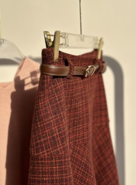 左方露量身定做新年红棕色小香风重磅100%羊毛呢半身裙子大摆高腰