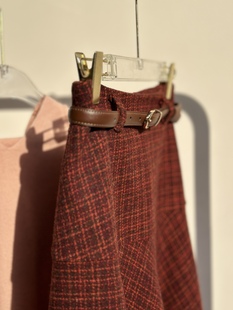 左方露量身定做新年红棕色小香风重磅100%羊毛呢半身裙子大摆高腰