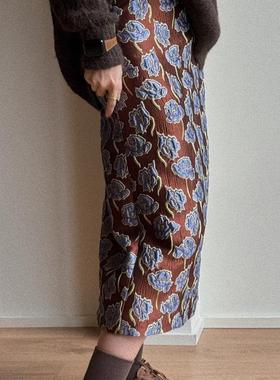 左方露量身定做复古提花咖色半身裙高腰显瘦a字裙中长款一步裙 春