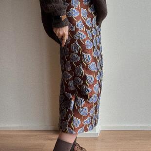 左方露量身定做复古提花咖色半身裙高腰显瘦a字裙中长款一步裙 春