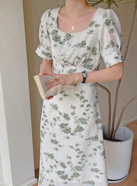 JophondLou量身定做复古法式方领碎花连衣裙收腰显瘦短袖a字长裙