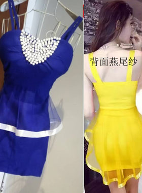 爱心订珠气质修身显瘦露背超短燕尾纱裙性感宝蓝色夜店吊带小礼服