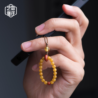 艺如继往天然蜜蜡小米珠手机挂小手捻文玩女孩专属南红钻切金珀新
