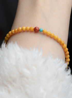 艺如继往小米珠蜜蜡手链鸡油黄女款天然老蜜手串琥珀4mm绿松三圈