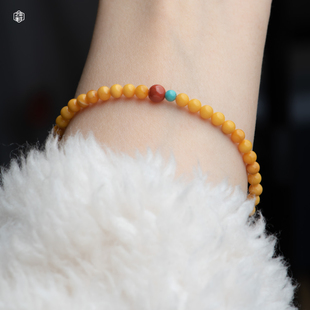 艺如继往小米珠蜜蜡手链鸡油黄女款 天然老蜜手串琥珀4mm绿松三圈