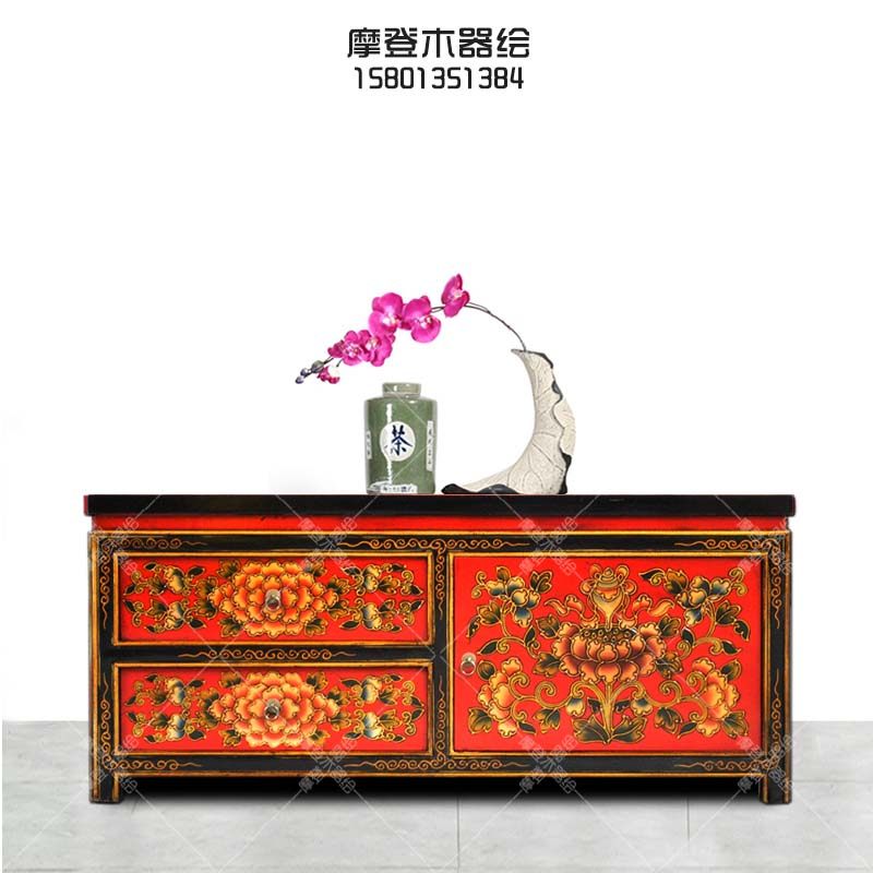 藏式彩绘茶几手绘炕桌中式飘窗柜客厅矮柜复古装饰柜仿古实木家具