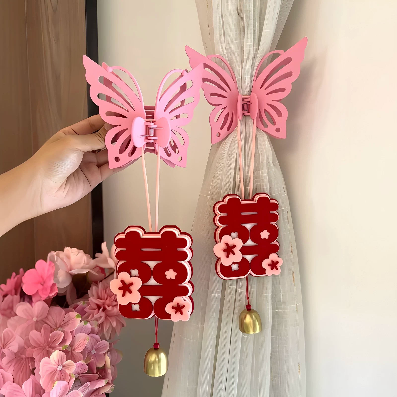 结婚喜字窗帘绑带仿真花挂饰图片