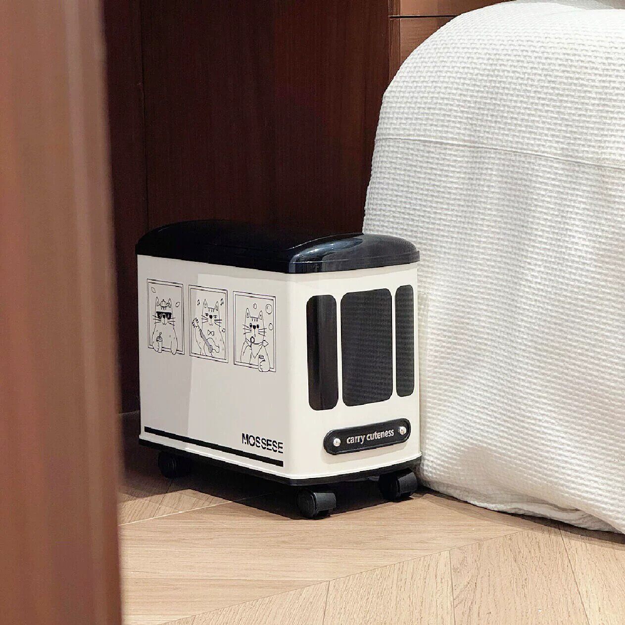 小猫巴士垃圾桶带轮可移动窄缝带盖按压式纸篓家用客厅卧室收纳桶