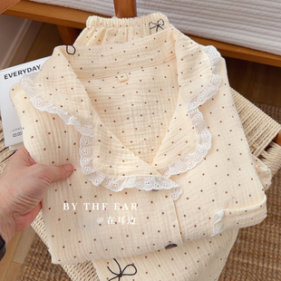 双层纱布可爱家居服 短裤 奶杏蝴蝶结｜棉纱睡衣女春夏季 纯棉短袖