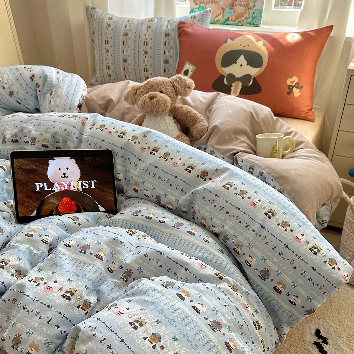 在耳边可爱猫咪40s全棉精梳棉四件套ins混搭纯棉床品三件套床笠款