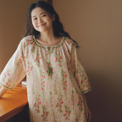 向阳而生甜美碎花纯棉纱布睡裙