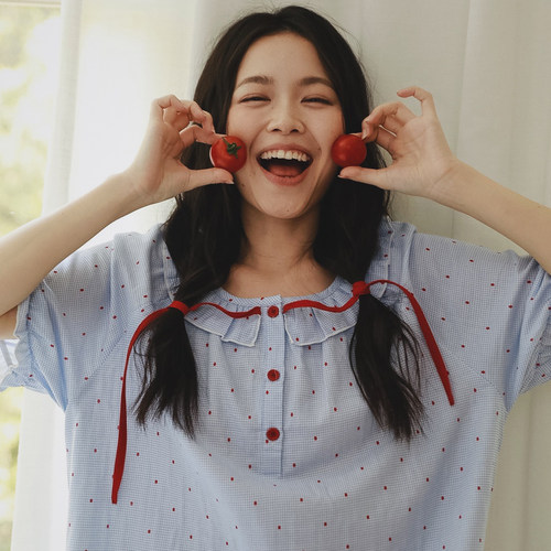 甜美风波点睡裙女夏季薄款荷叶领纯棉纱布短袖中裙家居服睡衣