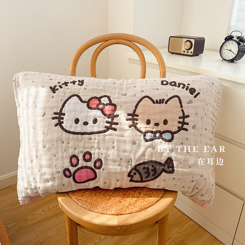 可爱小猫咪全棉纱布枕巾透气吸汗