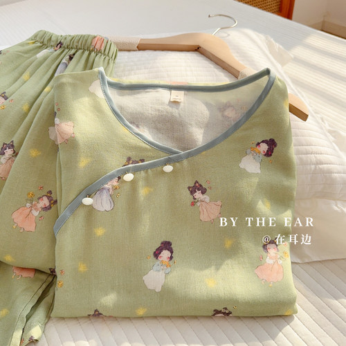 新中式国风竹棉双层纱睡衣女春秋