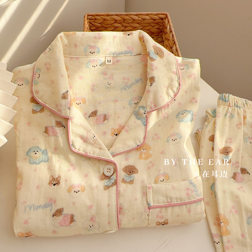 春夏纯棉纱布女款小狗家居服套装