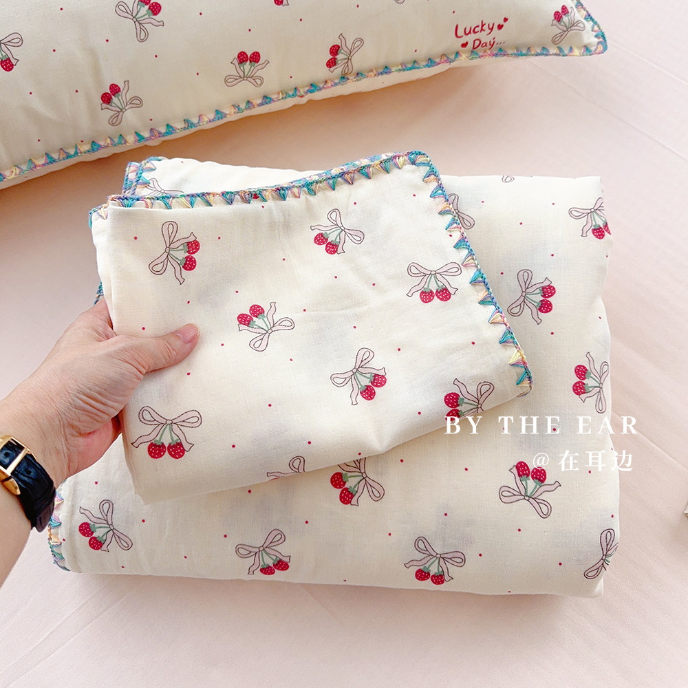 韩系ins小草莓纯棉双层纱四件套柔软透气床单被套床笠床上用品