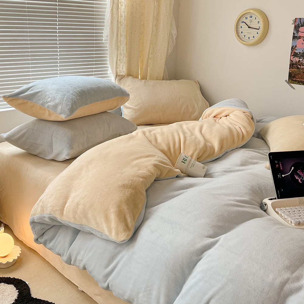 冬季纯色双拼牛奶绒四件套双面