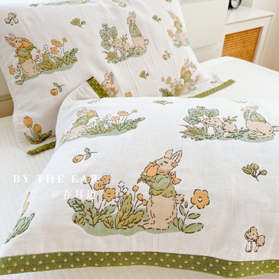 森系兔子先生全棉纱布枕巾一对装