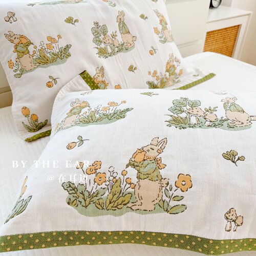 森系兔子先生全棉纱布枕巾一对装