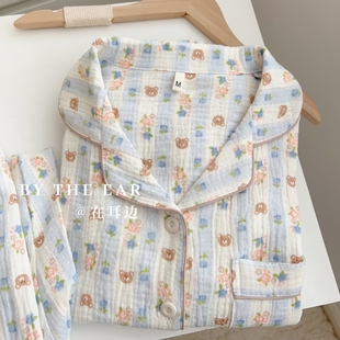 蓝色小熊棉纱睡衣女春秋款卡通可爱印花长袖长裤简约家居服套装