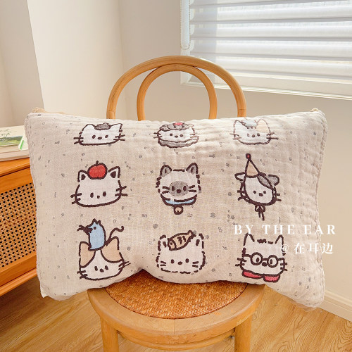 可爱卡通小猫咪柔软纱布枕巾