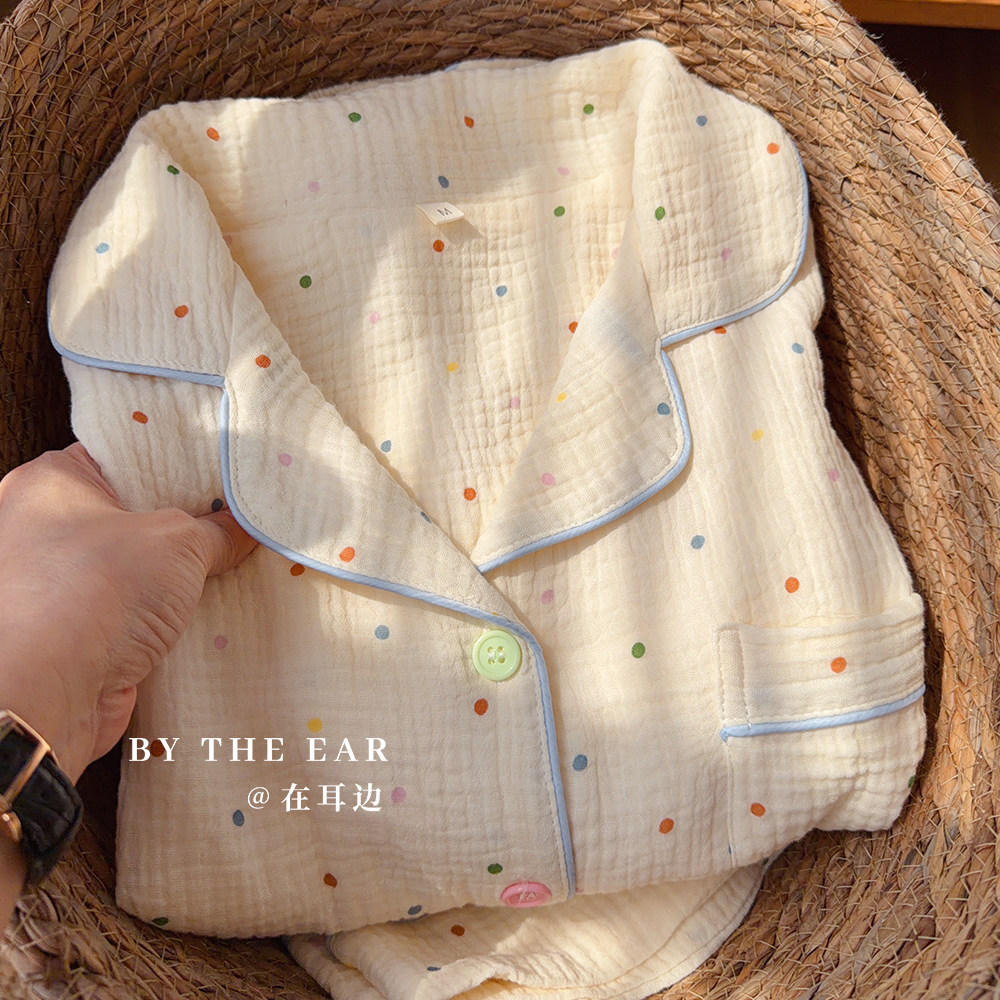 奶芙小彩点纯棉纱布睡衣女款春秋夏季长袖长裤全棉薄款家居服套装