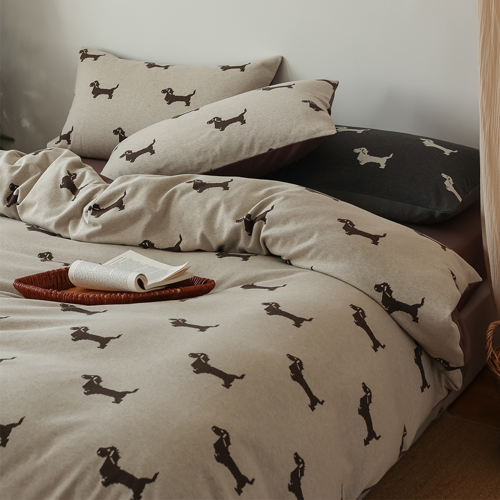 腊肠狗狗色织提花针织棉四件套