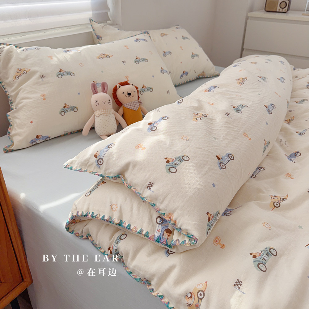 卡通可爱汽车派对双层纱全棉四件套A类纯棉被套床单1.5m1.8床笠