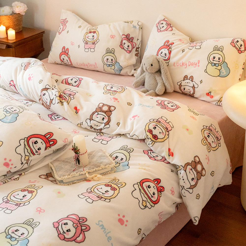 230g冬季加厚牛奶绒印花四件套可爱卡通珊瑚绒法兰绒被套床上用品,床上用品,床品套件/四件套/多件套,淘宝优惠券,粉丝福利购,淘宝优惠卷