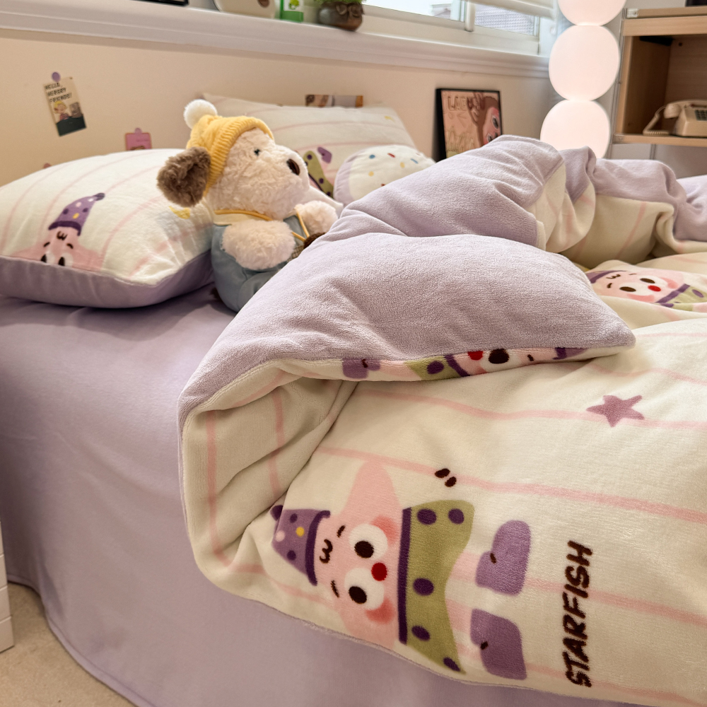 ins卡通加厚保暖牛奶绒四件套