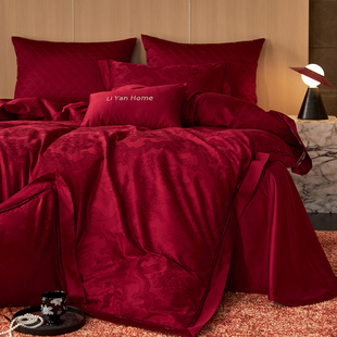 在耳边100s长绒棉提花结婚四件套纯棉轻奢大红刺绣贡缎婚庆床品