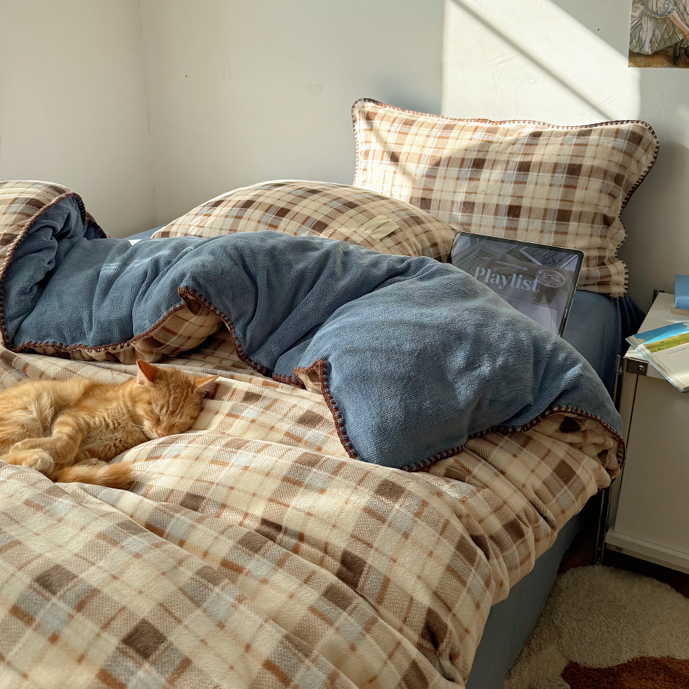 时光蓝咖格秋冬少女心四件套