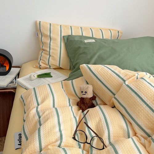 全棉华夫格条纹提花四件套亲肤