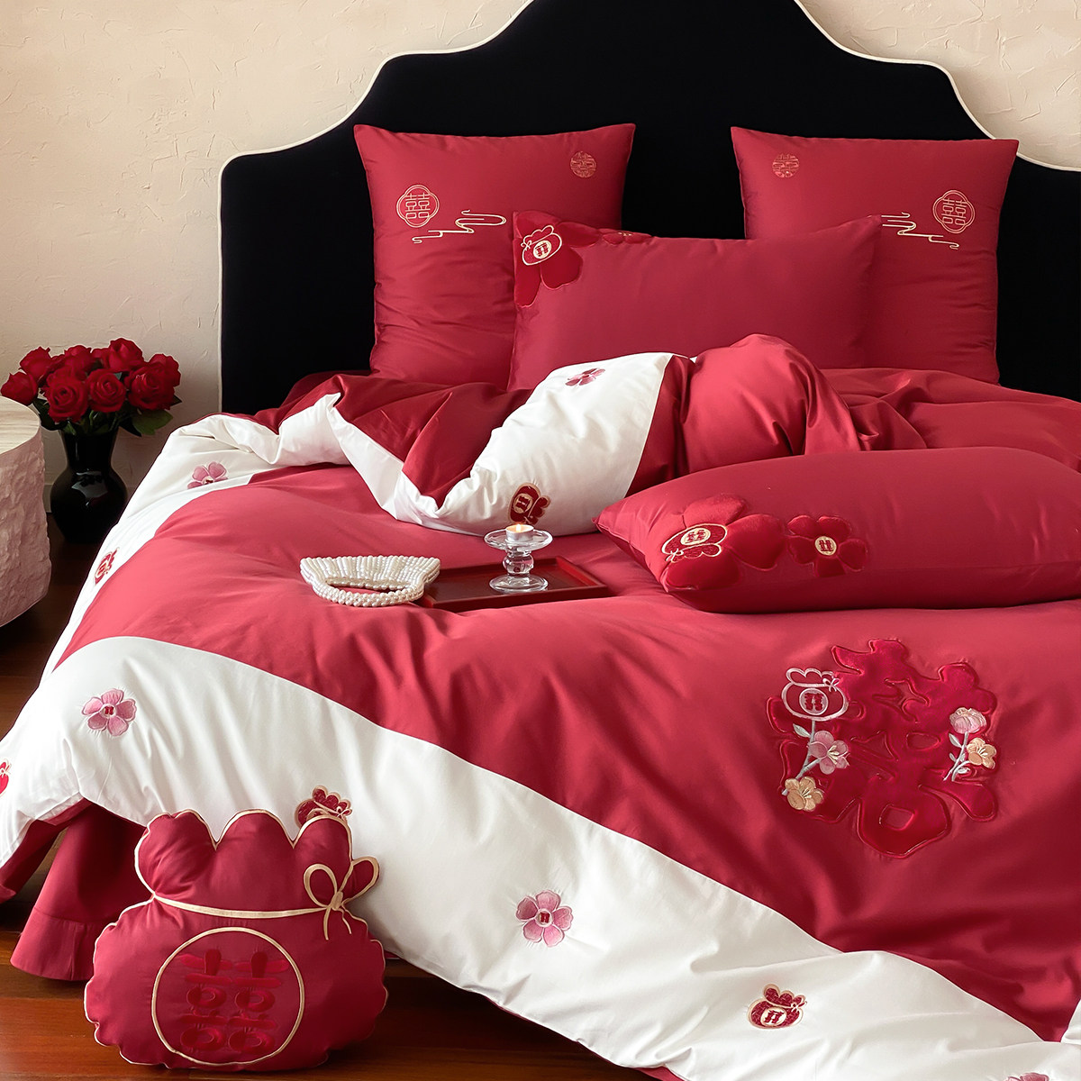 在耳边高档婚庆100s长绒棉贡缎四件套结婚陪嫁喜庆全棉床上用品