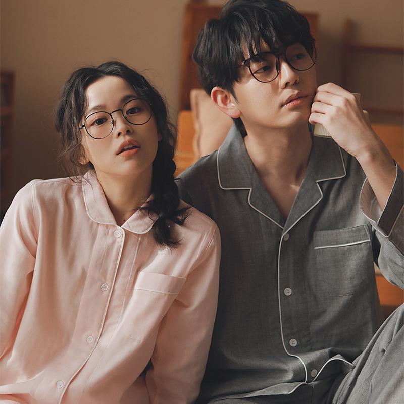 日式春秋双层纱纯色全棉情侣睡衣